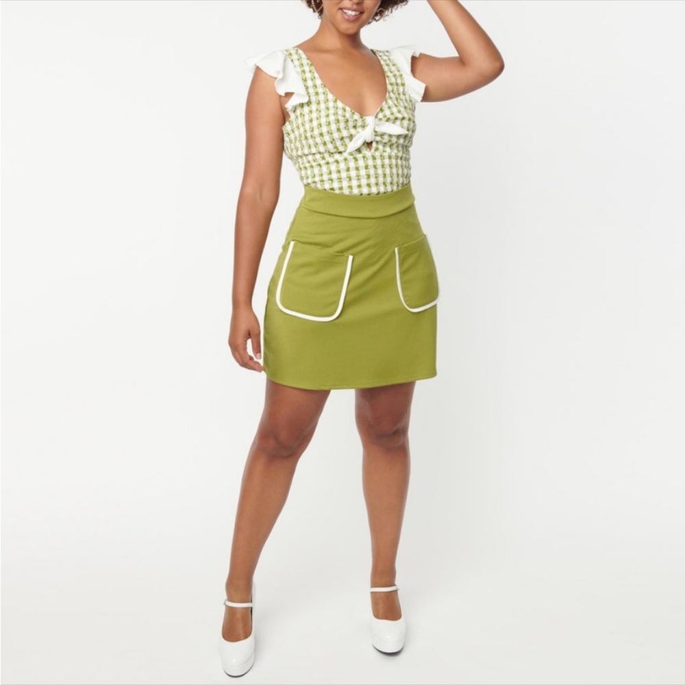 1960s Style Mod Mini Skirt by Smak Parlour Unique Vintage Ponte A-Line Avocado